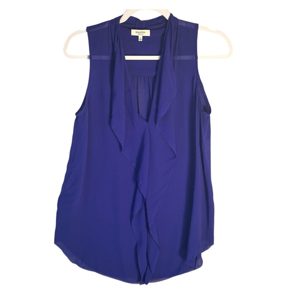 Babaton Sz S Ainsley Sleeveless Sheer Blouse 100% Silk Cobalt Blue Ruffle Ruched